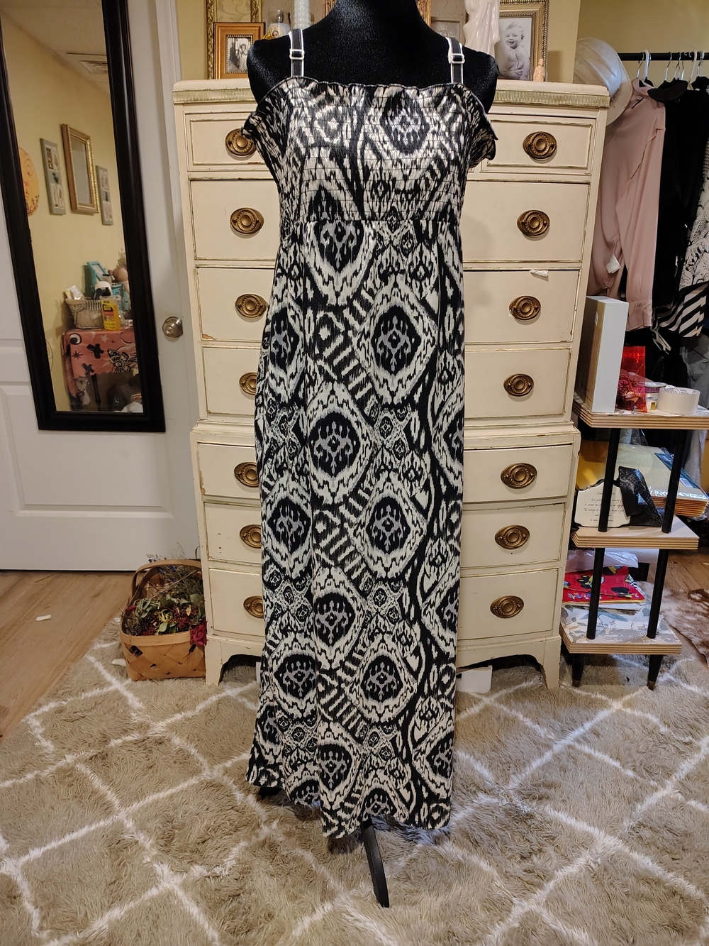 VINTAGE 90s OP Black and White Printed Strapless Maxi Dress